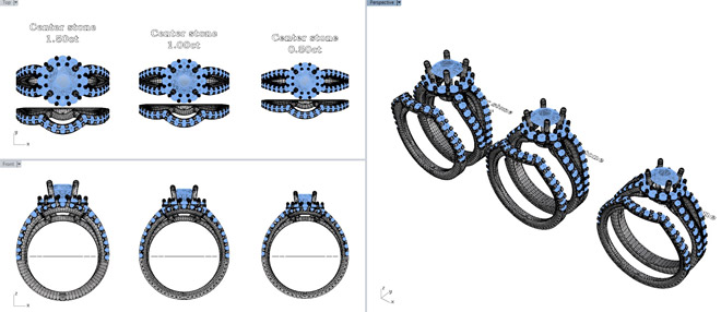 Jewelry 3D Design of Model Ring in three center stone sizes
